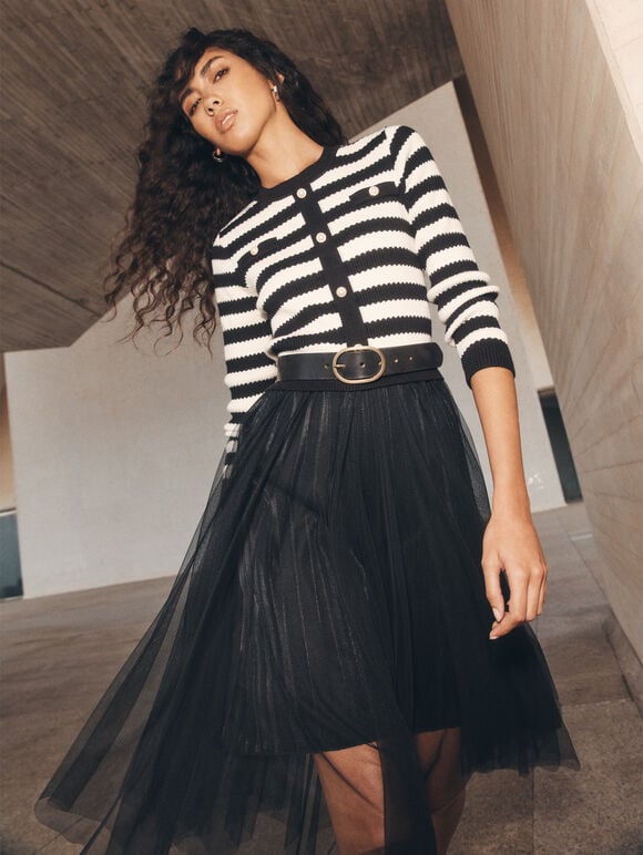 Stripe Knit Bodice Tulle Midi Dress, Black, large