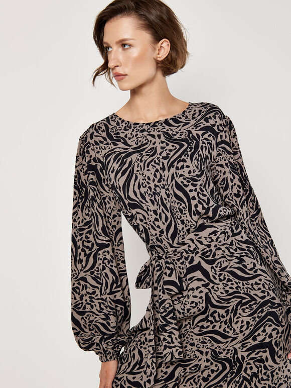 Mixed Animal Print Shift Mini Dress, Grey, large