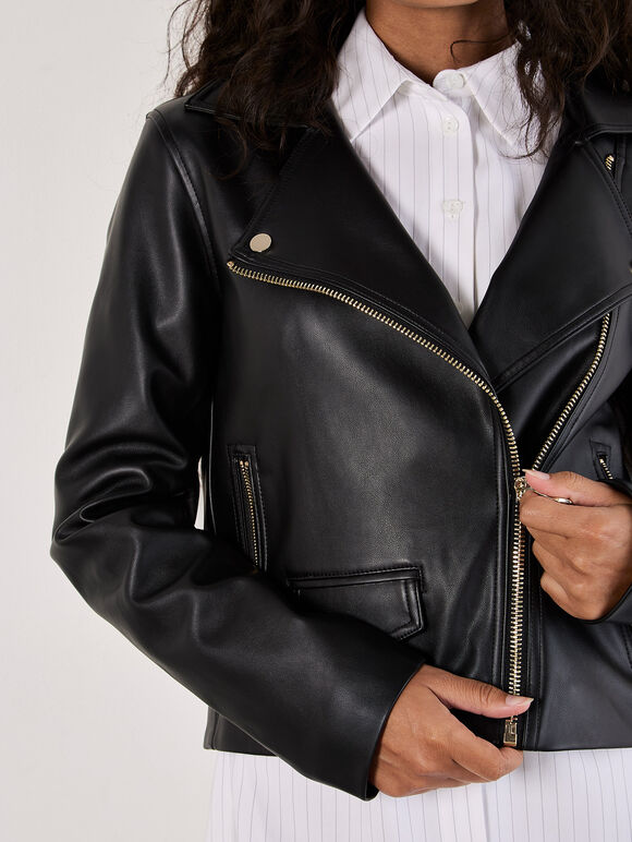 Faux Leather Biker Jacket, Black, large