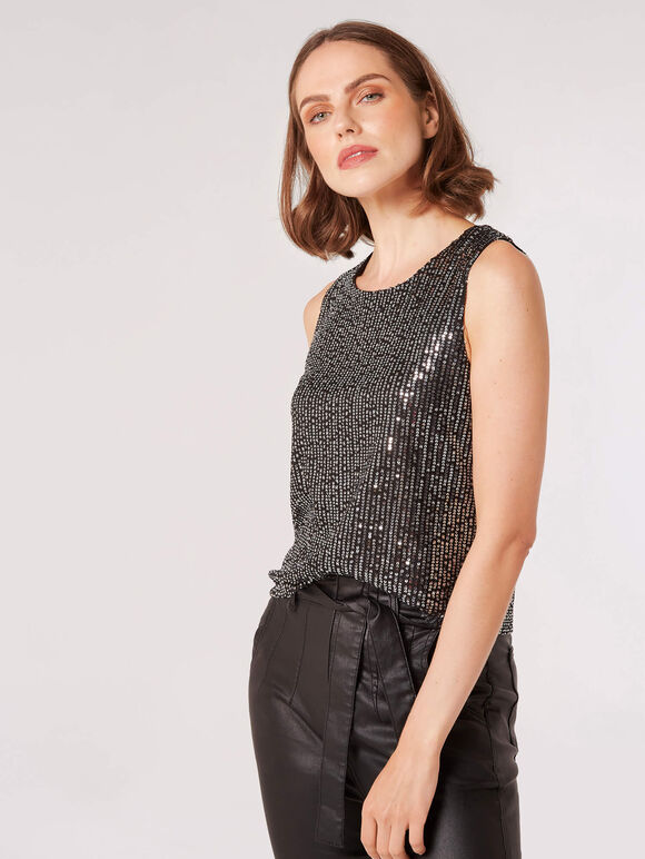 Sequin Shell Top, Black, large
