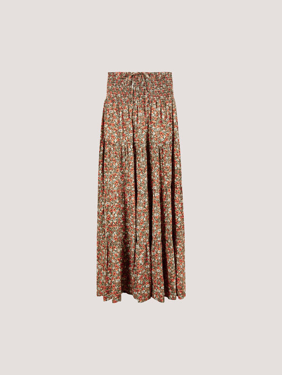 Ditsy Floral Tiered Maxi Skirt, Khaki, large