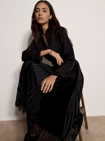 Pleated Velvet Lace Trim Midi Skirt