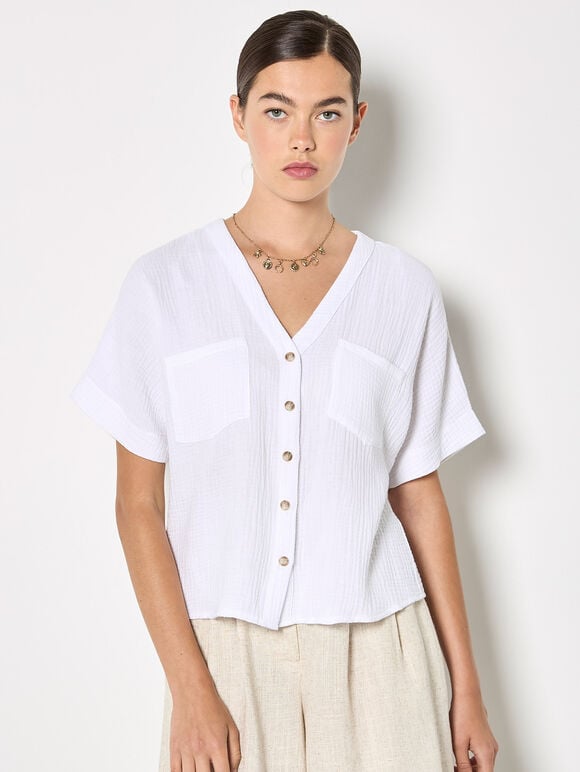 Textured V-Neck Blouse, White, large
