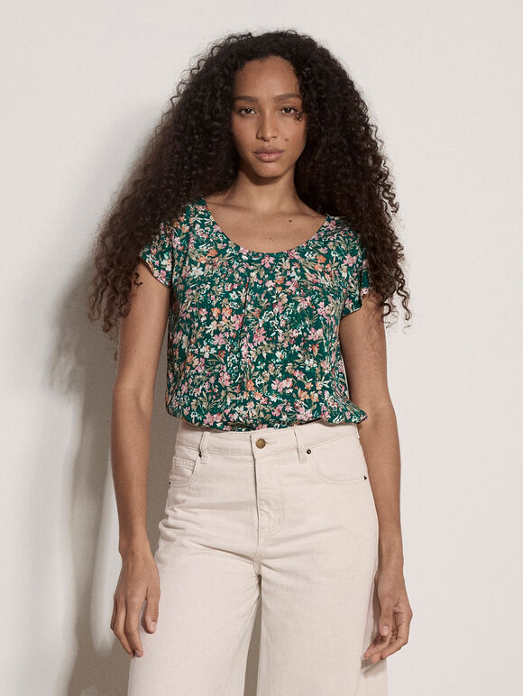 Ditsy Floral Print Top, Green, large