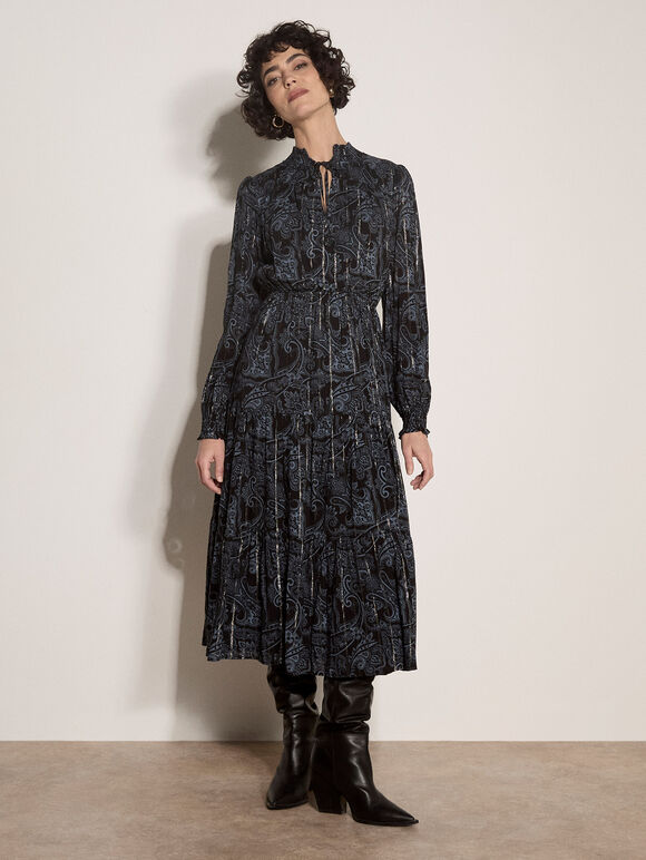 Paisley Metallic Shimmer Tiered Midi Dress, Black, large