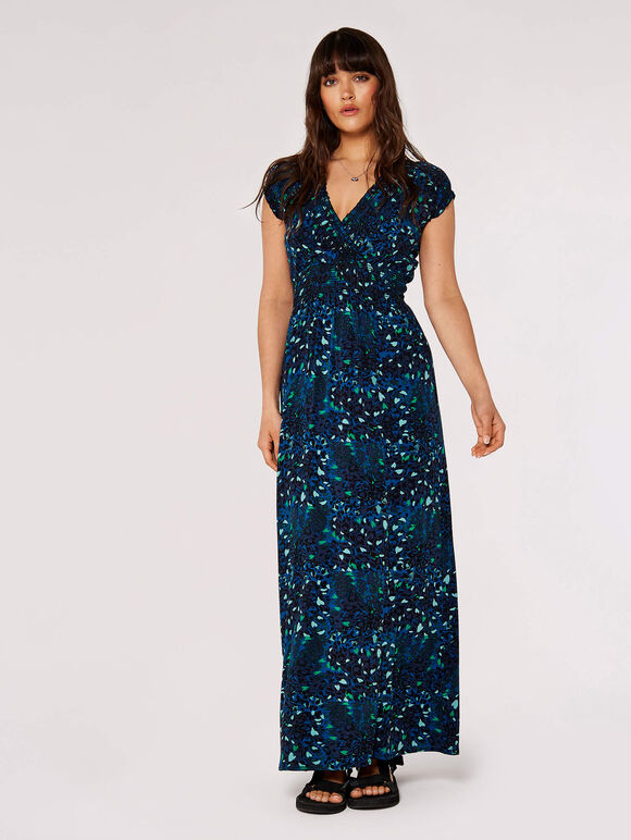 Robe longue smockée guépard, bleu marine, large