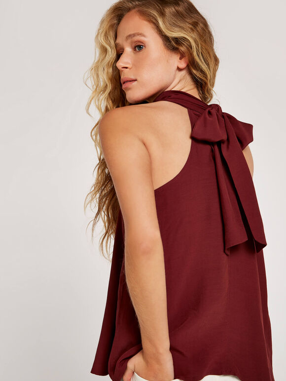 Tie Neck Sleeveless Blouse, Red, large