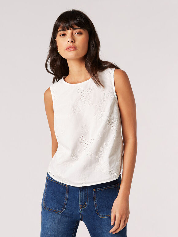 Tropical Embroidered Tank Top, White, large