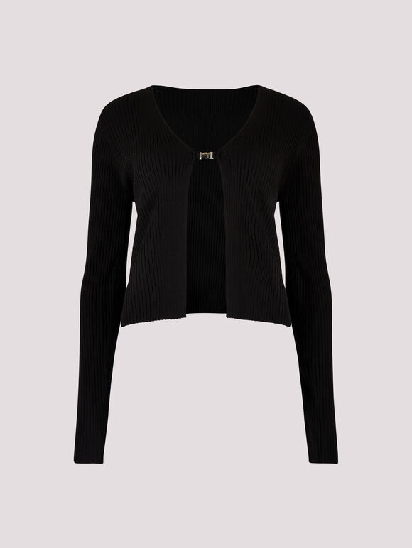 Ribbed Knit Front Clip Cardigan, Black, large