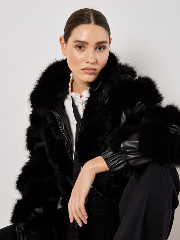 Faux Leather Chevron Fur Jacket, Black, large