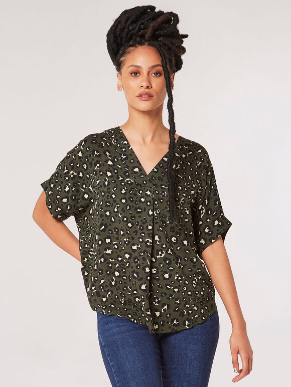 Leopard Print Pintuck Pleat Top, Green, large