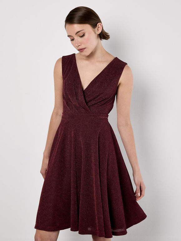 Metallic Pleat Skater Mini Dress, Burgundy, large