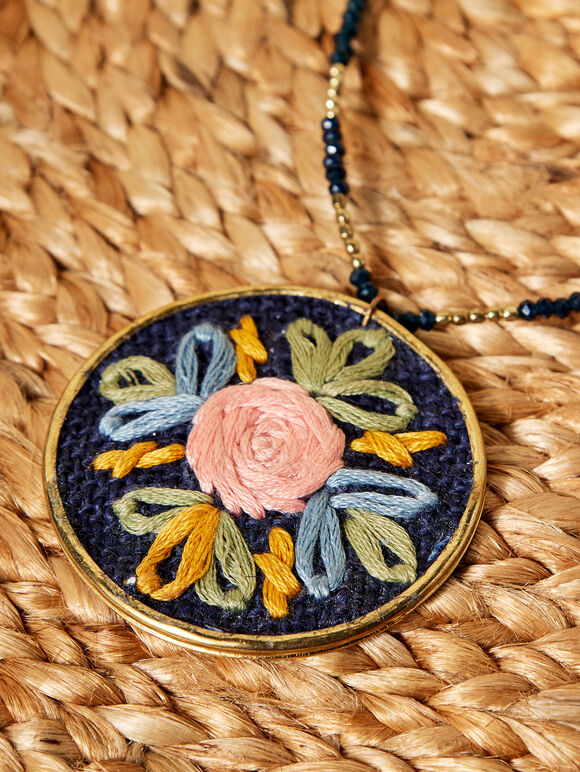 Hand Embroidered Rose Necklace & Earrings, , large