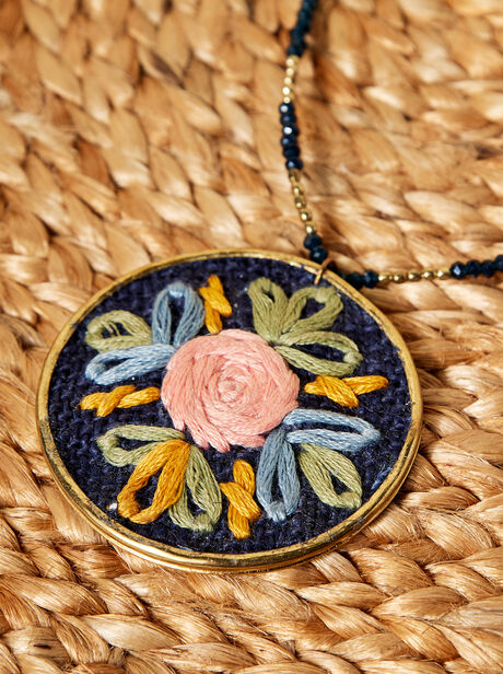 Hand Embroidered Rose Necklace