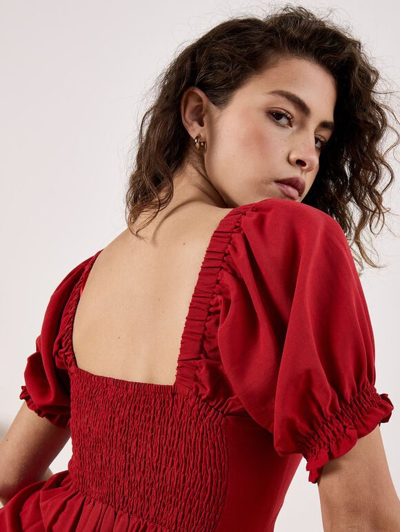 Tie Detail Milkmaid Midaxi Dress, Red, large