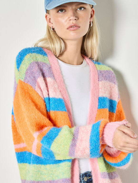 Colourful Stripe Fluffy Knit Cardigan, Pink, large