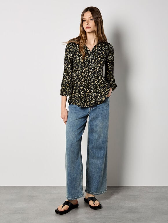 Abstract Animal Chiffon Plisse Shirt, Black, large