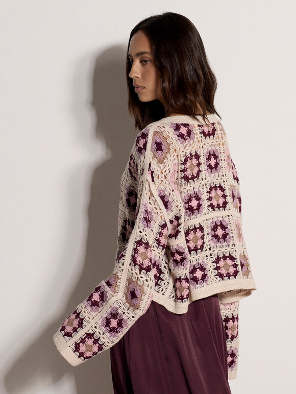 Crochet Squares Cropped Jumper, Mauve, large
