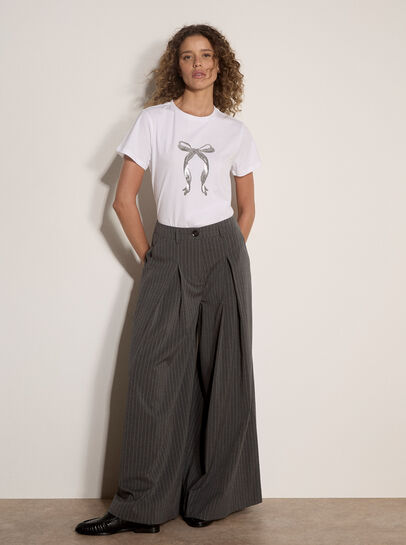 Wide-Leg Pleat Pinstripe Trousers