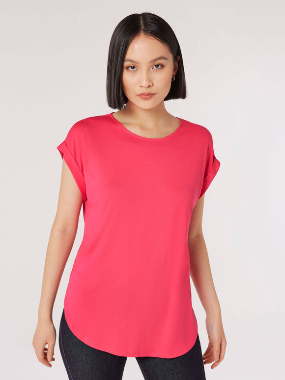 Jersey-T-Shirt mit abgerundetem Saum, Fuchsia, groß