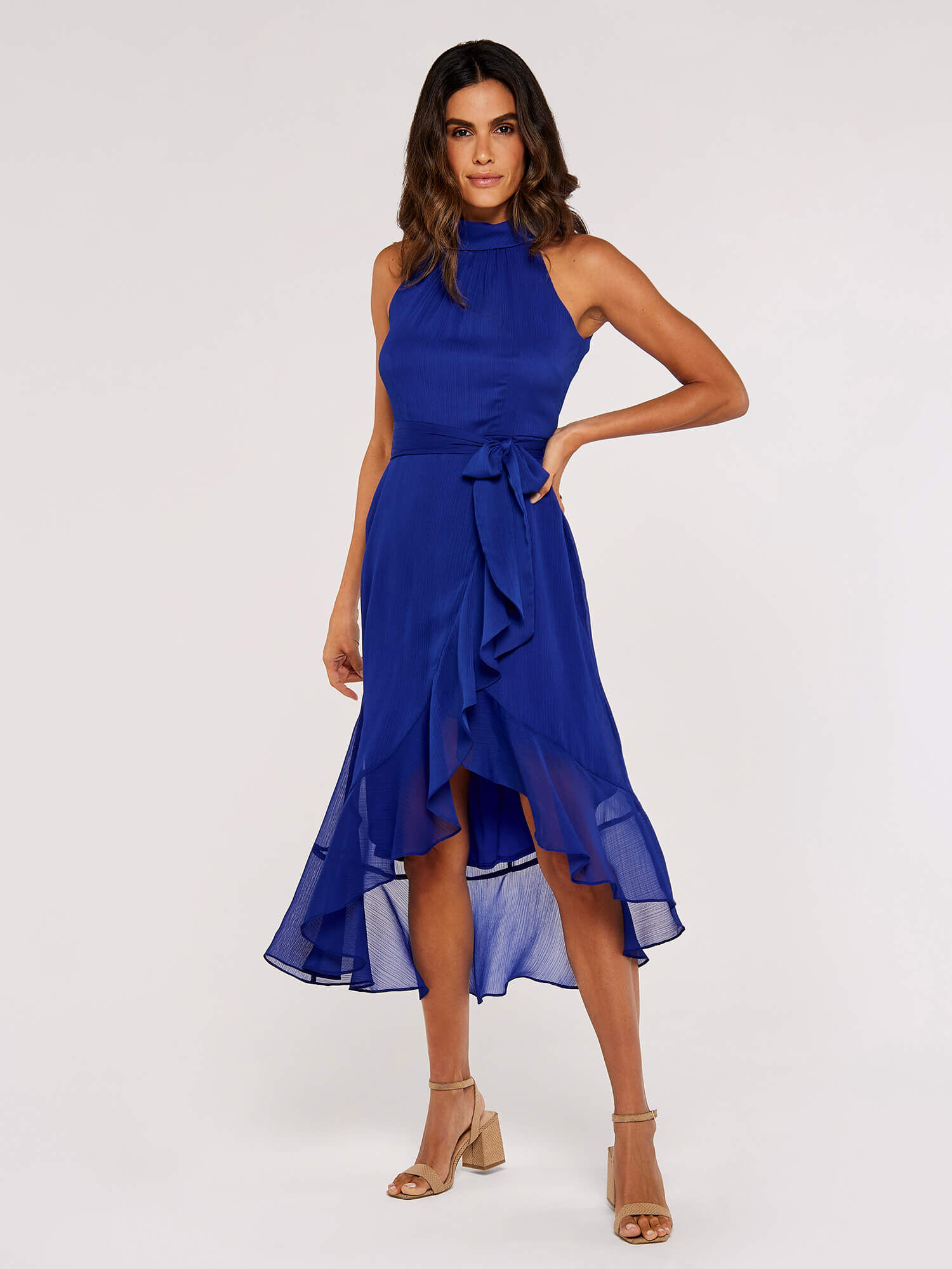 High neck ruffle midi dress shop