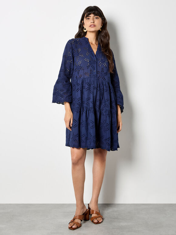 Broderie Anglaise Tiered Mini Dress, Navy, large