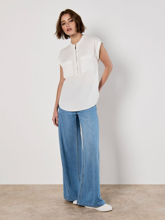 Zip Front Patch Pocket Top, Cream, large