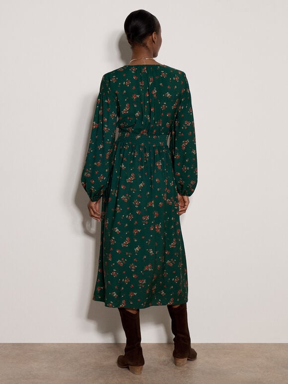 Vintage Floral Smocked Midi Dress, Pine Green, large