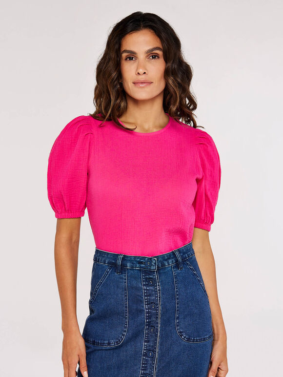 Textured Cotton Puff Sleeve T-Shirt, Fuchsia, large