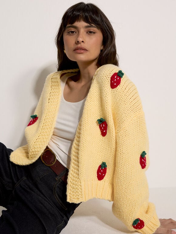 Chunky Knit Strawberry Cardigan, Yellow, large