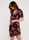 Floral Ruched Front Dress, Black, large