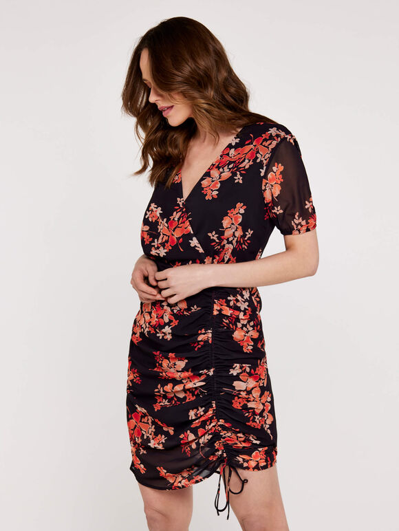 Floral Ruched Front Dress, Black, large