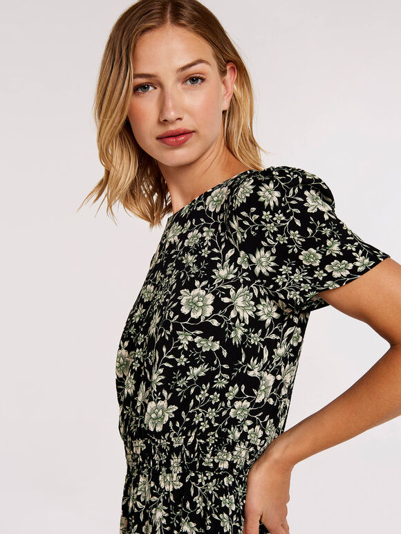 Floral Smock Waist Dress, Black, large