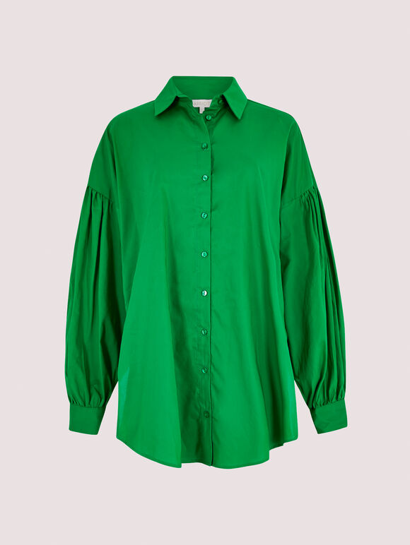 Balloon Sleeve Cotton Shirt, Green, large