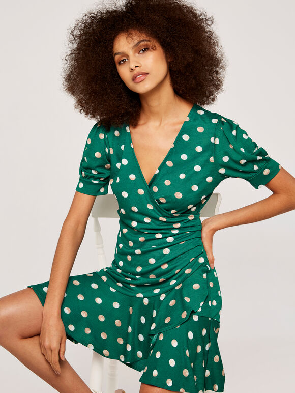 Watercolour Spot Ruffle Dress, Green, large