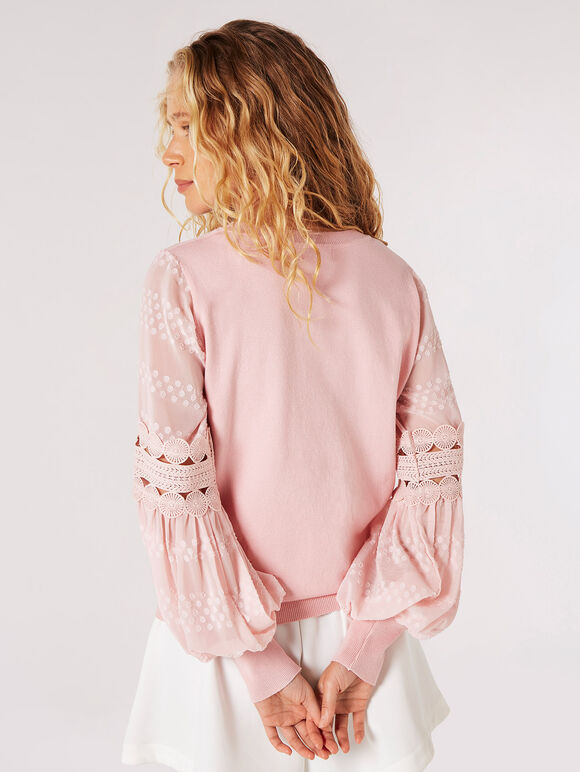 Contrast Crochet Sleeves Jumper, Pink, large