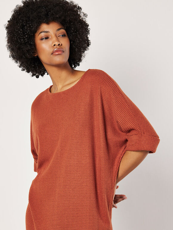 Soft-Touch Batwing Waffle Knit Top, Rust, large