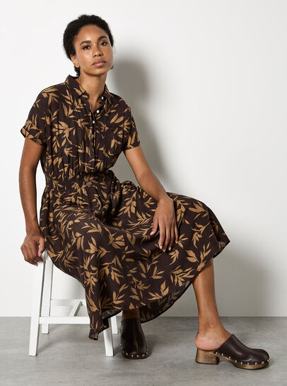 Textured Leaf Shirt Midi Dress
