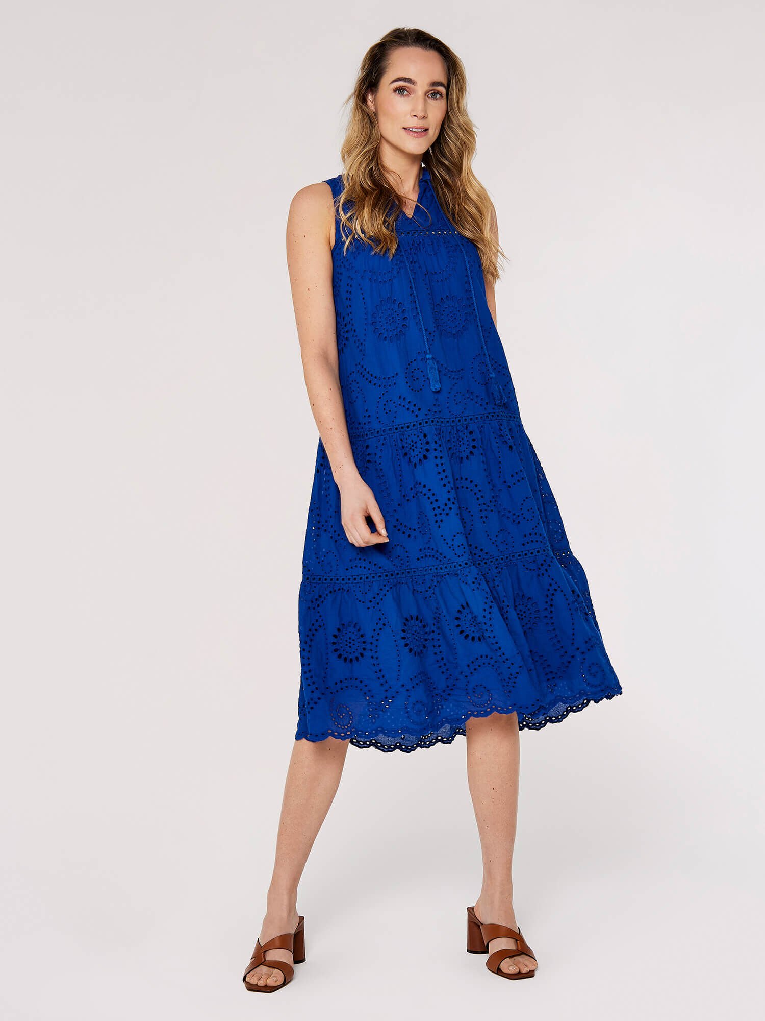 Tassel Broderie Midaxi Dress Apricot Clothing