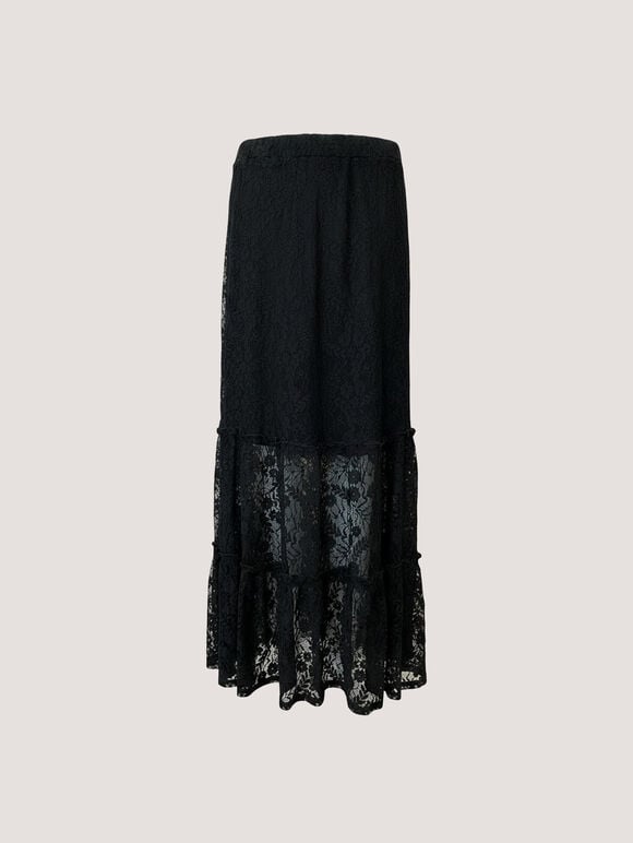 Cotton-Blend Lace Tiered Midi Skirt, Black, large