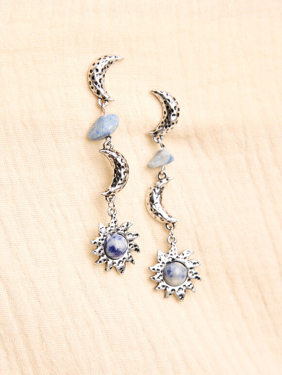 Silver Tone Celestial Stone Drop Earrings, Silver, large