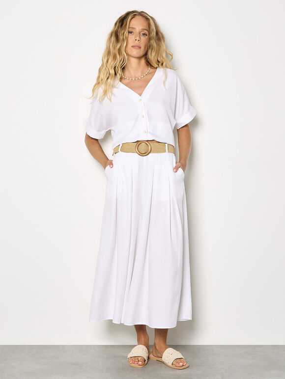 Pleated Wide-Leg Culotte Trousers, White, large