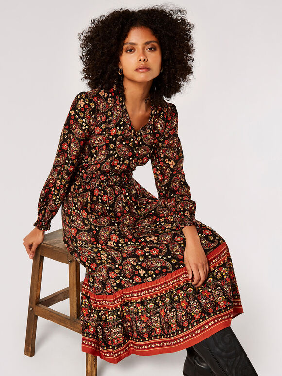 Ditsy Floral Paisley Midi Dress, Black, large