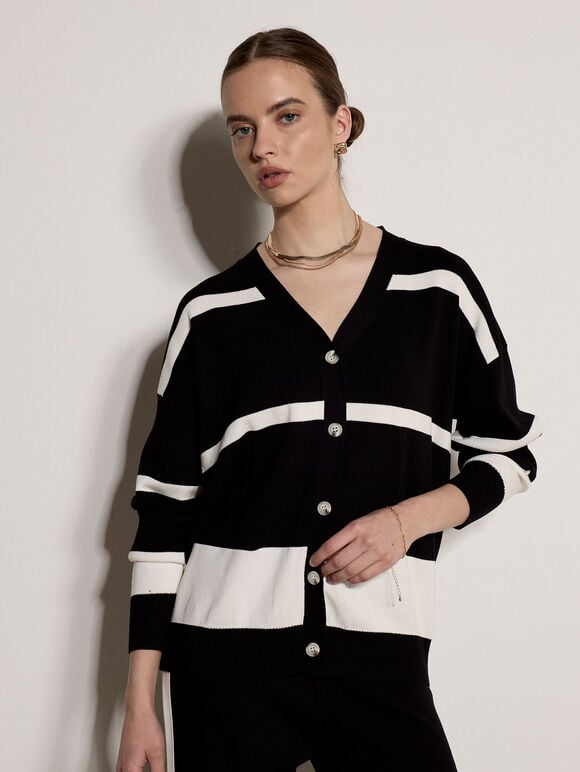Monochrome Stripe Oversized Cardigan, Black, large