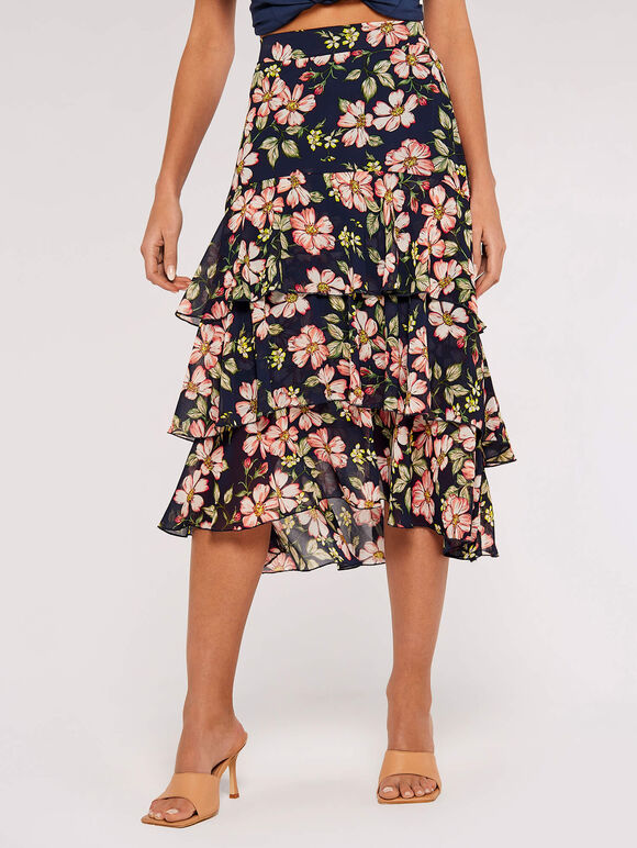 Floral Chiffon Midi Skirt, Navy, large