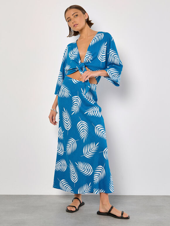 Tropical Leaf Tie Hem Crop Top, Blue, large