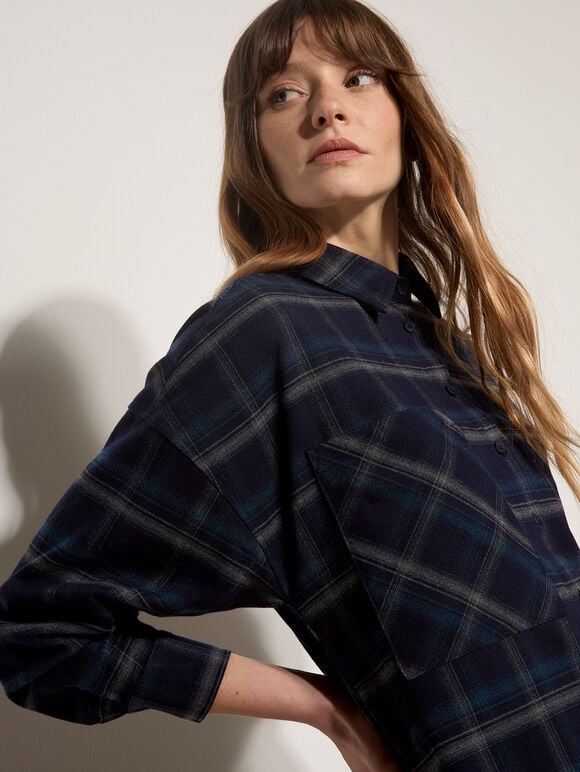 Oversized Check Print Shirt, Navy, large