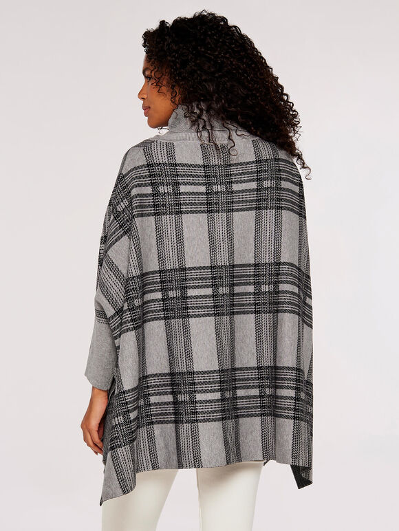 Poncho tricoté à carreaux à col roulé, gris, grand