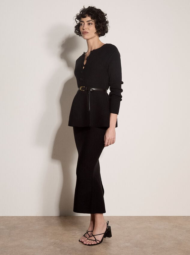 Peplum Hem Rbbed Knit Cardigan, Black, large