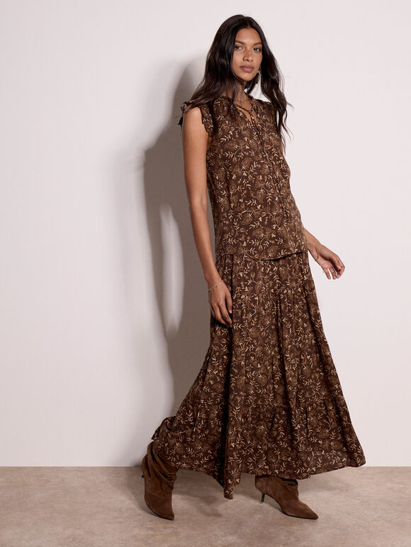 Painterly Paisley Ruffle Top, Brown, large